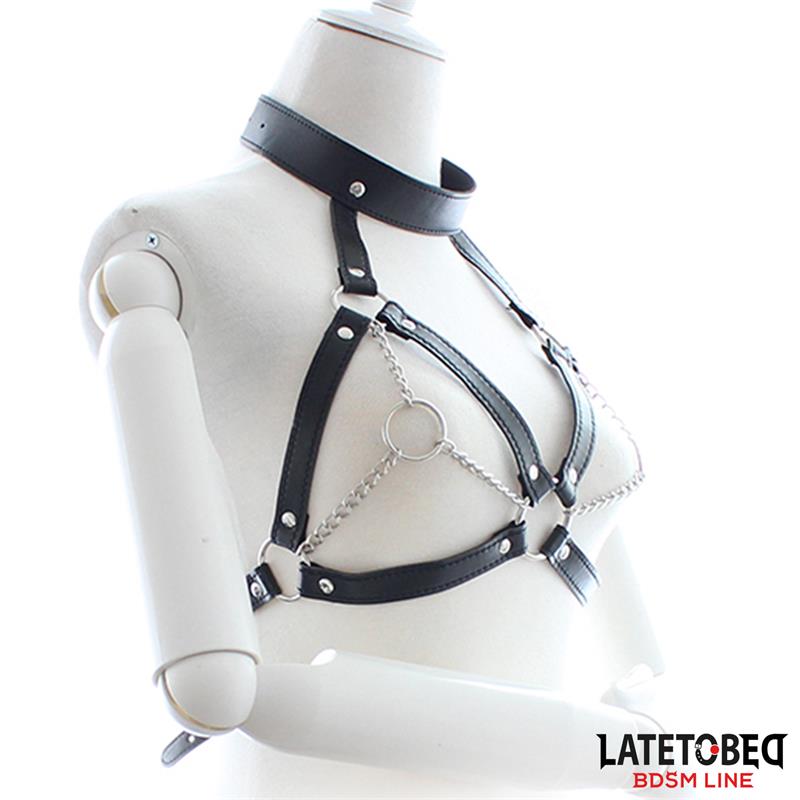 BDSM Line Bondage Harness With Open Cups And Chain